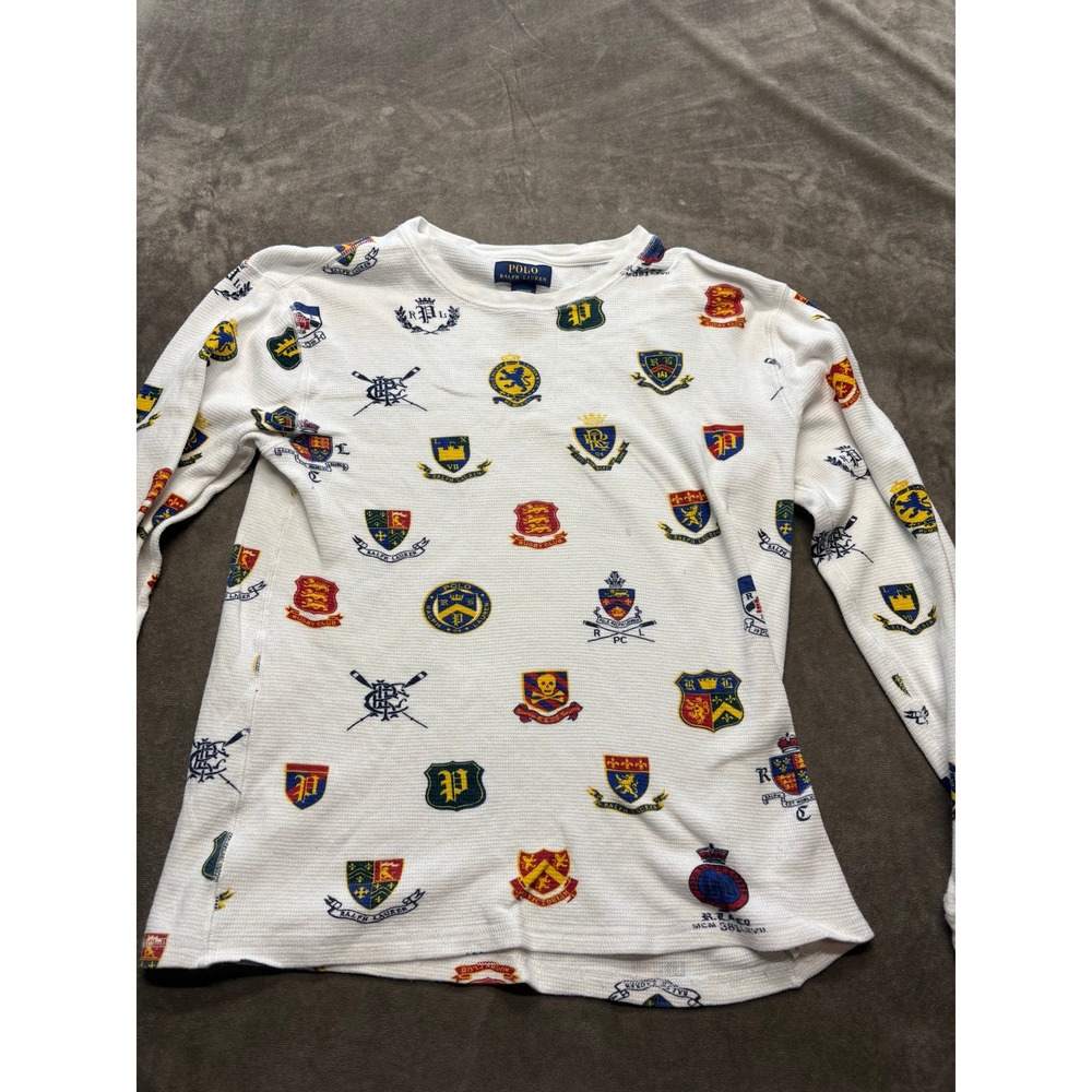 Polo Ralph‎ Lauren White Crest All Over Print Thermal Long Sleeve Sleep Shirt M